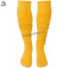 Adult custom American football socks in yellow and royal blue featuring moisture-wicking compression and reinforced arch support.