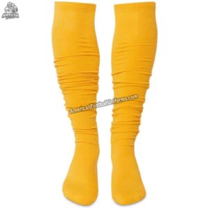 Adult custom American football socks in yellow and royal blue featuring moisture-wicking compression and reinforced arch support.