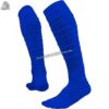 Close-up of custom football socks showing vibrant yellow and royal blue stripes with high-definition team logo sublimation.