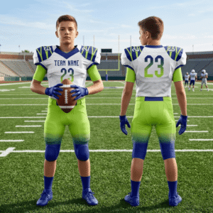 Forest green Gridiron Pro-Series custom American football uniform for adult and youth, featuring 3D puff numbers and reinforced shoulders.