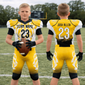 Vibrant yellow gold custom American football uniform for adult and youth, featuring lightweight moisture-wicking fabric and durable reinforced seams.