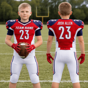 Vibrant red Iron-Core integrated American football uniform for adult and youth, featuring built-in padding and reinforced stitching.