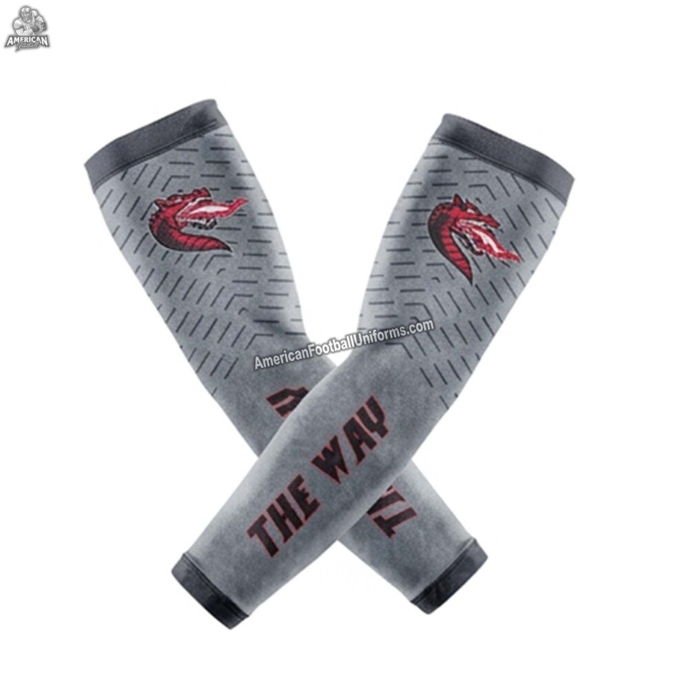 Adult and youth custom football arm sleeves featuring 4-way stretch compression fabric and high-definition team branding.