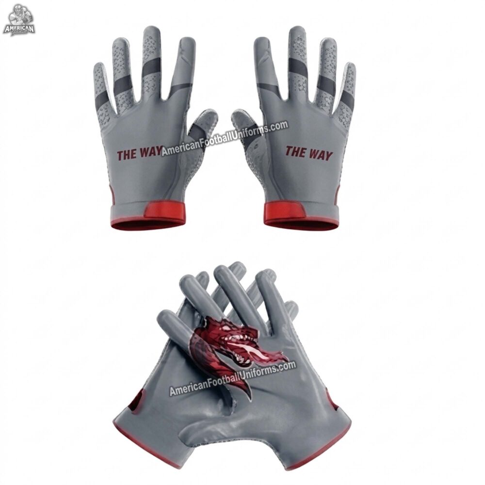 High-grip custom American football gloves featuring silicone palms and breathable mesh backing for adult and youth players.