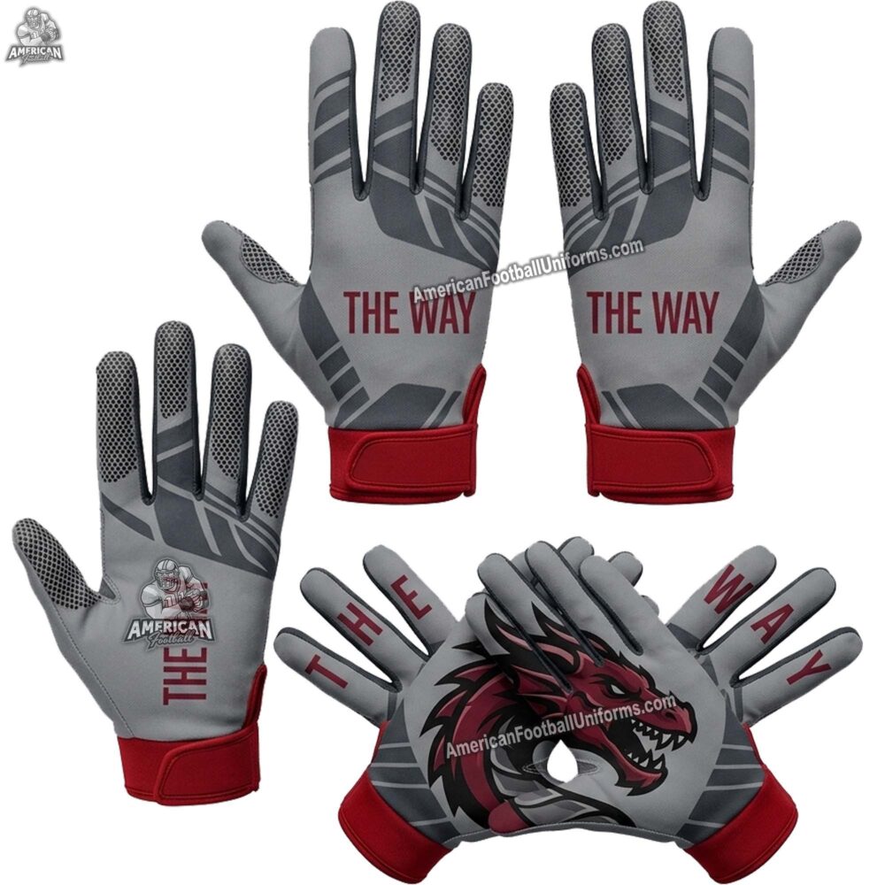 Pair of custom football gloves showcasing vibrant team colors and precision-printed logos on the palm and backhand.