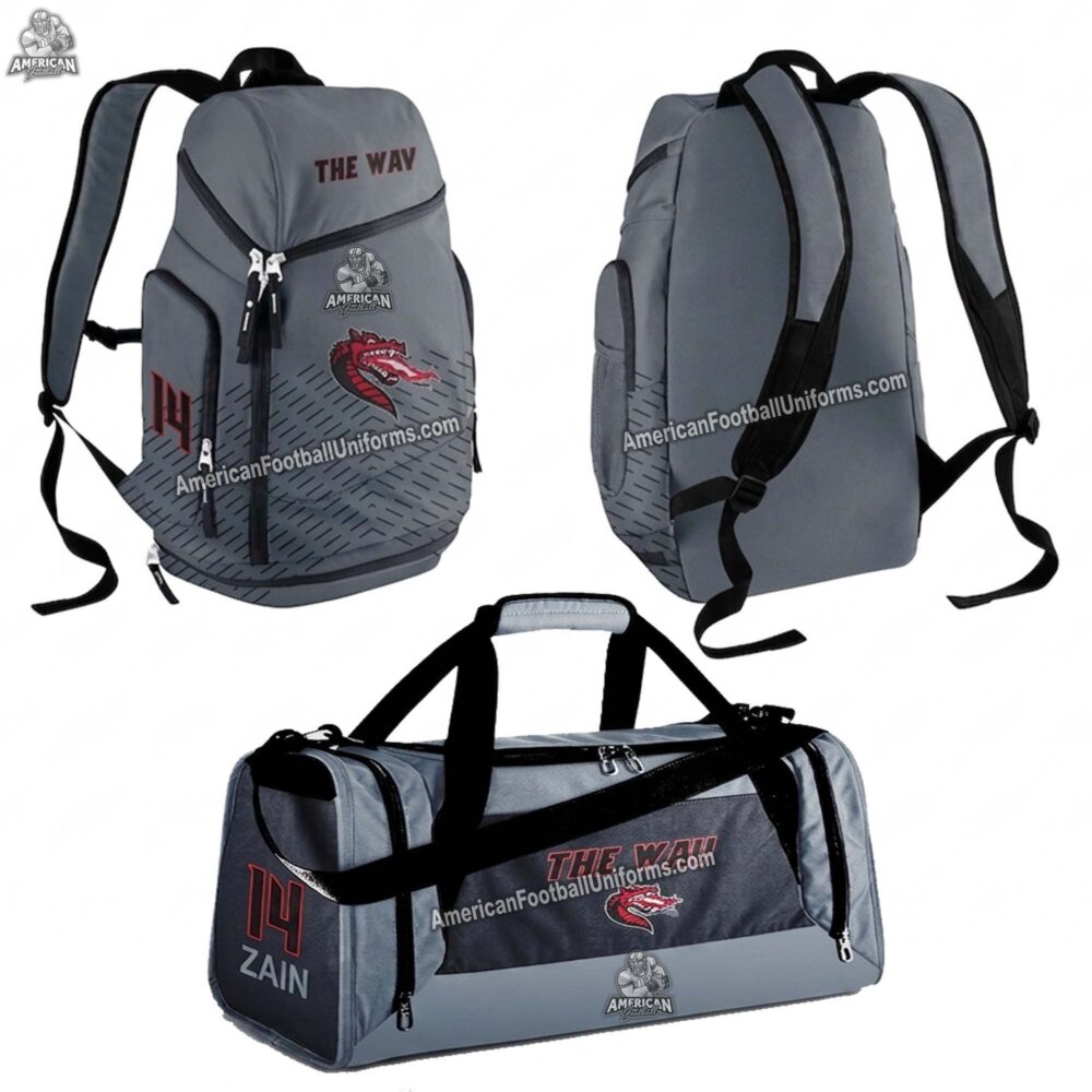 Custom American football backpacks with dedicated helmet compartments and reinforced straps for adult and youth team gear.