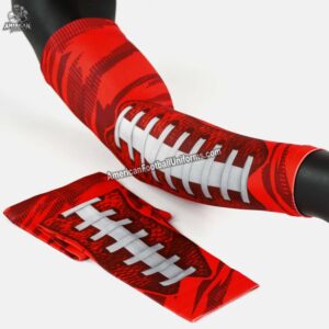American Football Uniforms custom red arm sleeves featuring high-tension compression fabric and flat-lock reinforced seams.