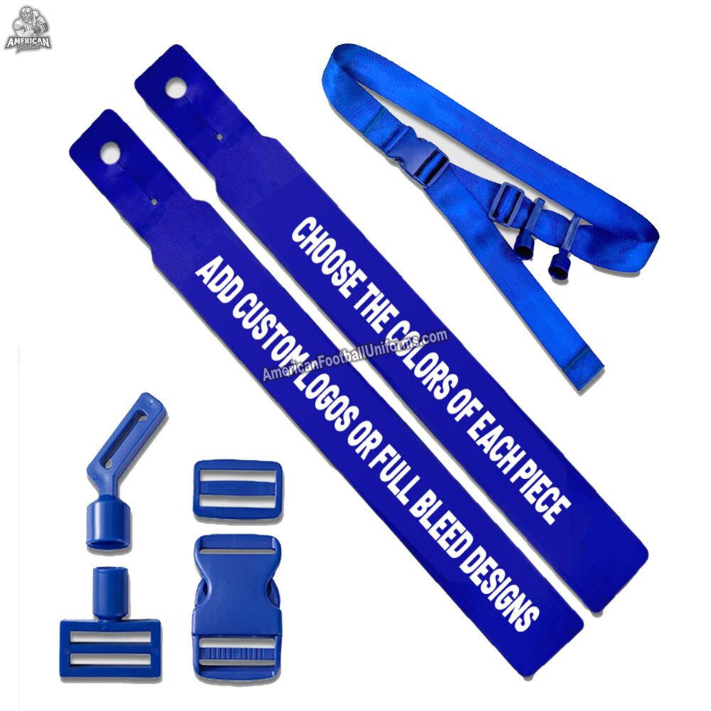 2026 MimiSports custom royal blue flag football belts with heavy-duty adjustable nylon straps, "pop-style" sonic sockets, and sublimated team branding.