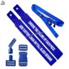 2026 MimiSports custom royal blue flag football belts with heavy-duty adjustable nylon straps, "pop-style" sonic sockets, and sublimated team branding.