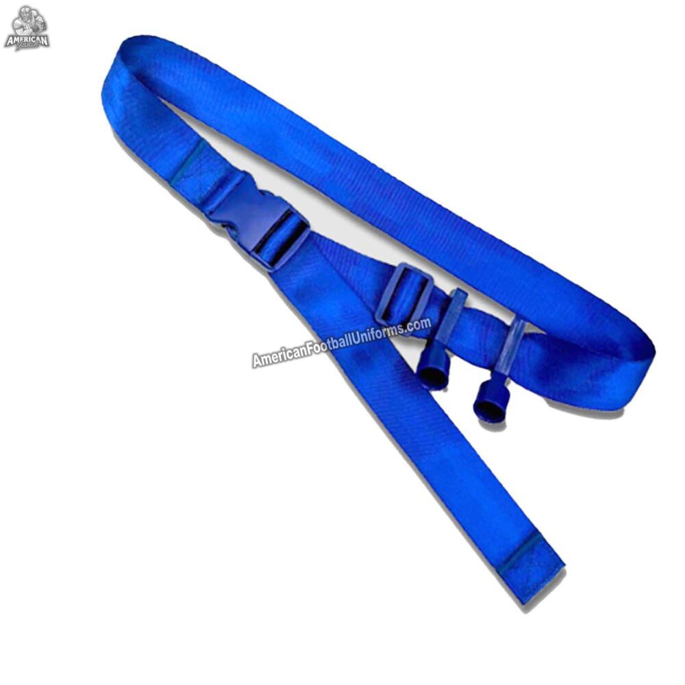 Modern 2026 MimiSports sky blue flag football belts with fully sublimated flags featuring custom team patterns, numbers, and high-impact breakaway technology.