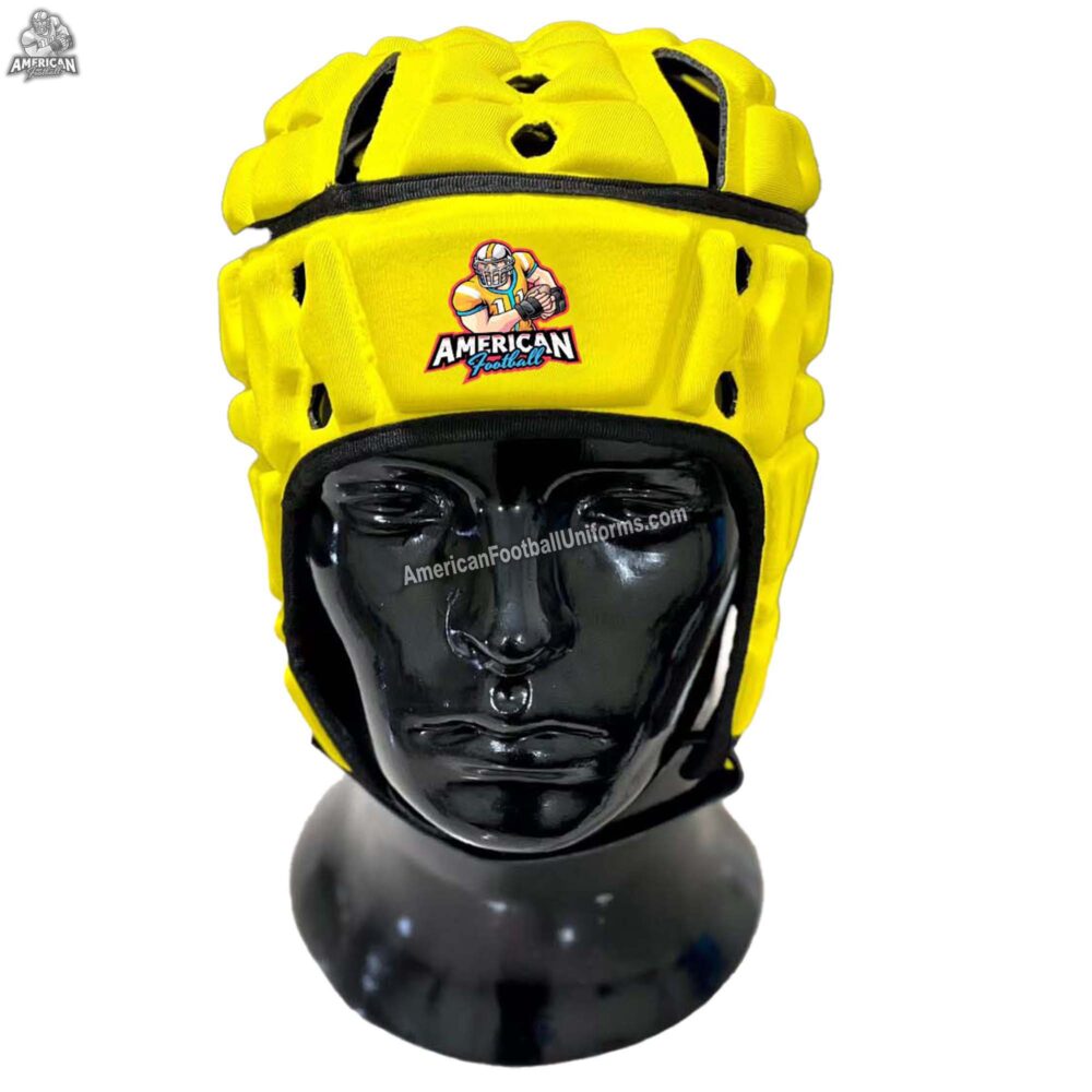 Front view of MimiSports custom yellow 7v7 football headgear showing the adjustable chin strap and ventilated forehead cooling ports.
