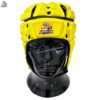 Front view of MimiSports custom yellow 7v7 football headgear showing the adjustable chin strap and ventilated forehead cooling ports.