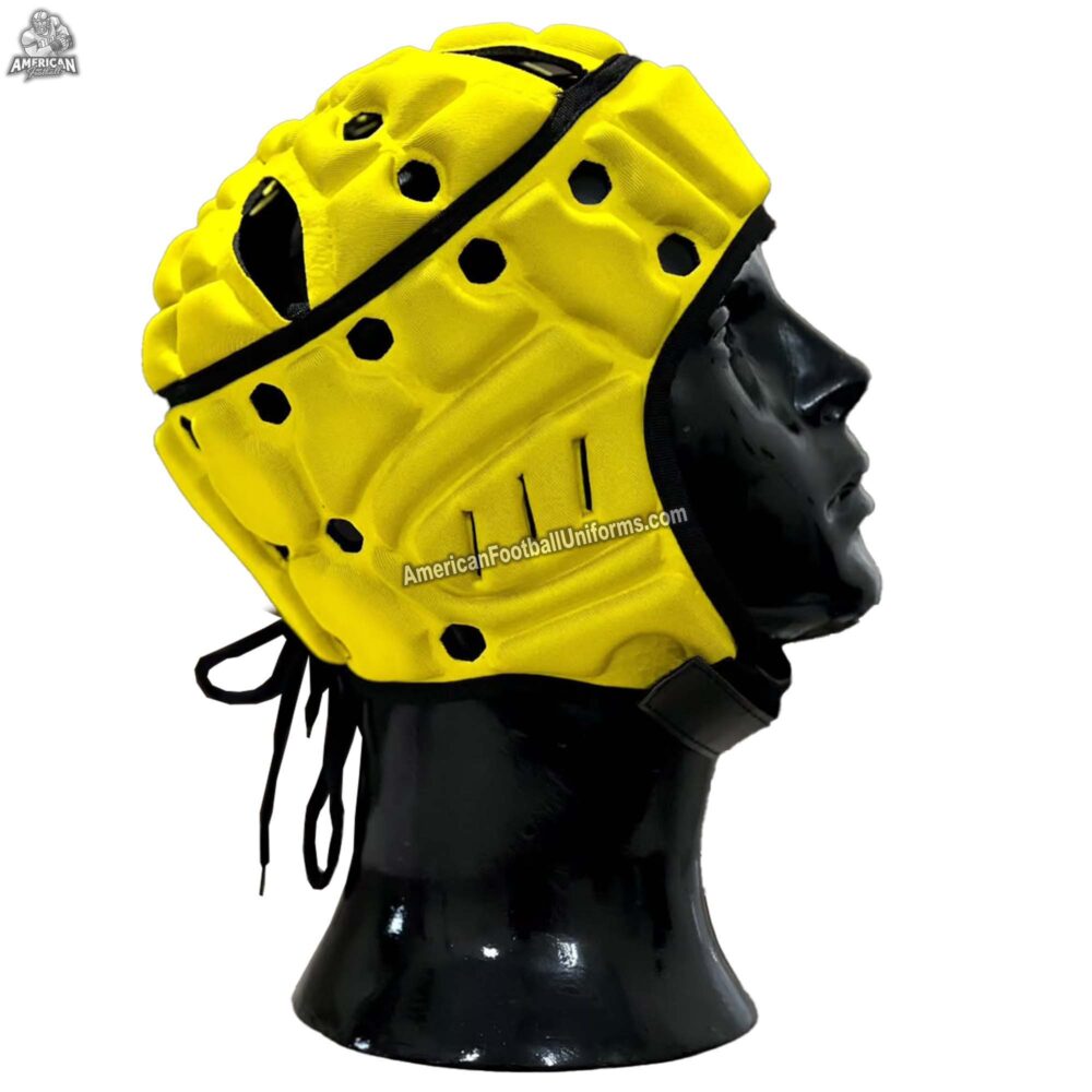 Side profile of yellow MimiSports soft-shell 7v7 football headgear highlighting the ear protection zones and reinforced temple padding.