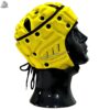 Side profile of yellow MimiSports soft-shell 7v7 football headgear highlighting the ear protection zones and reinforced temple padding.