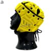 left Side profile of yellow MimiSports soft-shell 7v7 football headgear highlighting the ear protection zones and reinforced temple padding.