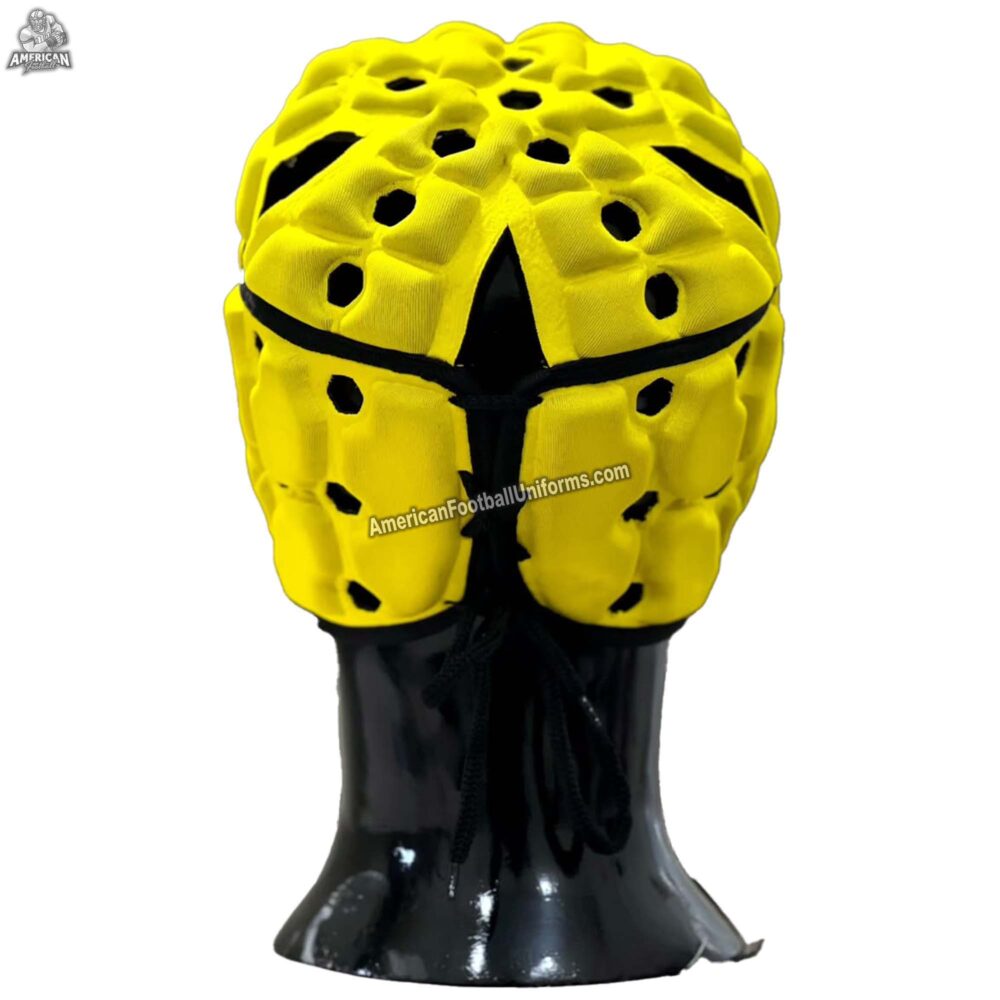 Rear view of MimiSports yellow flag football headgear featuring the adjustable rear lace-up system for a custom precision fit.