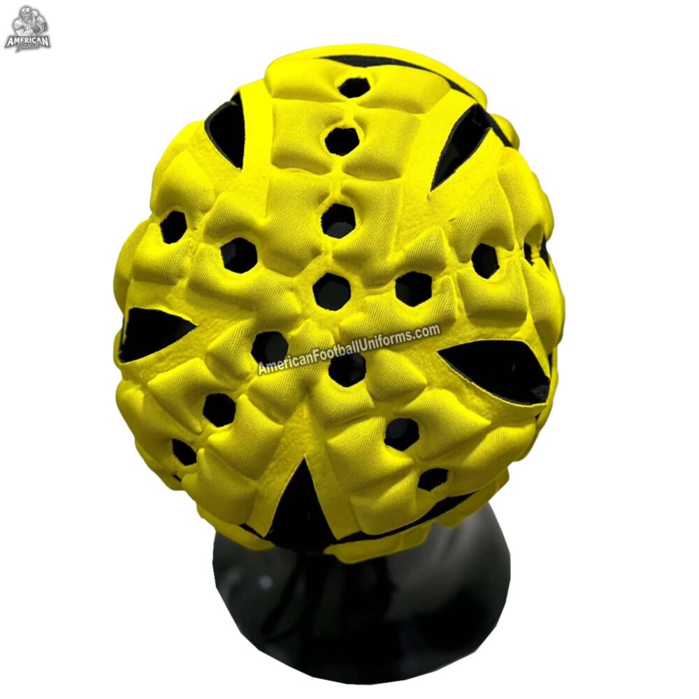 Rear-angled view of MimiSports yellow 7v7 football headgear showcasing the reinforced neck padding and high-visibility yellow finish for player safety.