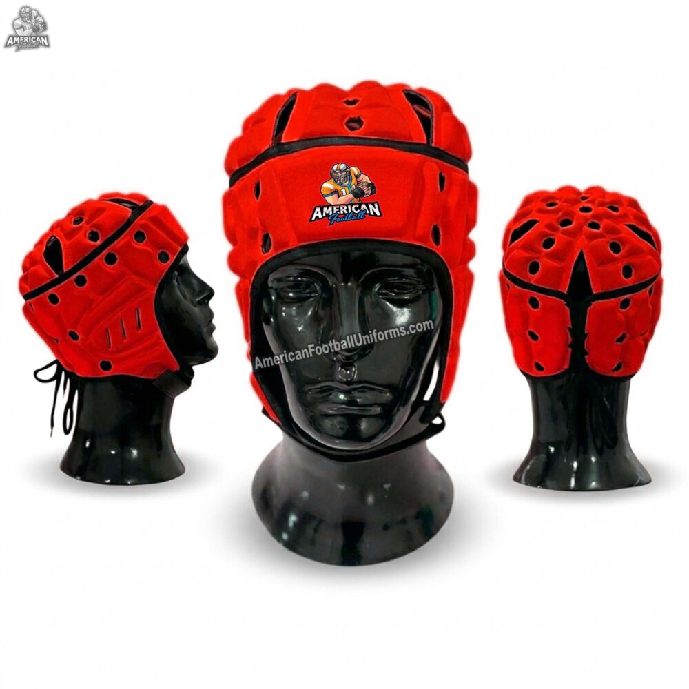 MimiSports USA custom red flag football headgear for 7v7 and rugby, featuring protective EVA foam and adjustable chin straps for adult and youth players.