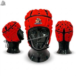 MimiSports USA custom red flag football headgear for 7v7 and rugby, featuring protective EVA foam and adjustable chin straps for adult and youth players.