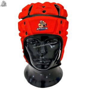 Side profile of red 7v7 football headgear showcasing MimiSports USA 3D puff printing and custom embroidery branding options.