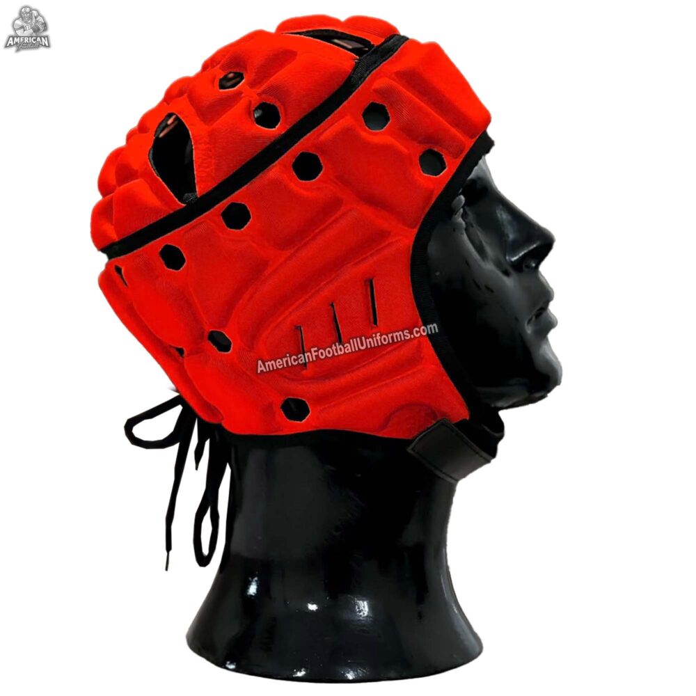 Back view of red flag football headgear by MimiSports USA showing the adjustable lace-up closure for a secure, custom fit.