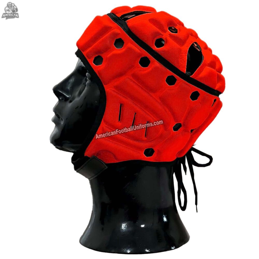 Interior view of MimiSports USA red football headgear showing breathable lining and shock-absorbing EVA foam padding.