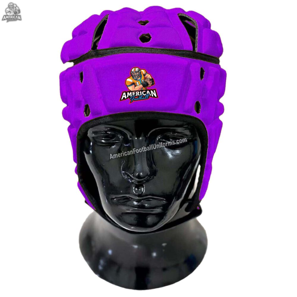 Front view of MimiSports USA purple flag football headgear showing strategic ventilation holes and adjustable chin strap for maximum breathability.