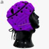 Left side view of purple rugby headgear by MimiSports USA, highlighting the smooth surface area ready for custom team logo 3D puff printing.