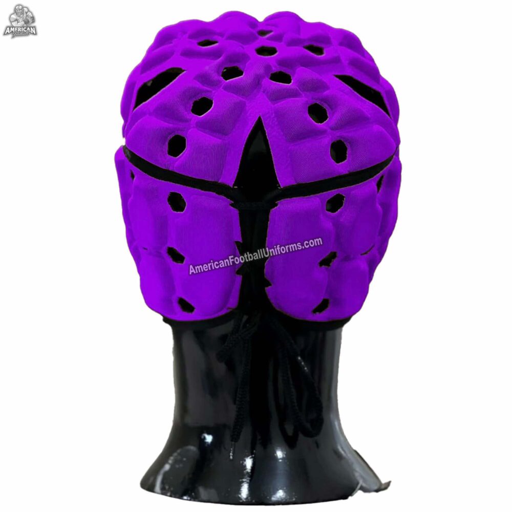 Back view of purple flag football headgear by MimiSports USA, featuring the adjustable rear lace-up system for a tailored fit.