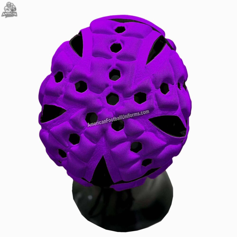 Close-up of the rear lacing and reinforced stitching on MimiSports USA purple headgear, demonstrating high-quality manufacturing detail.