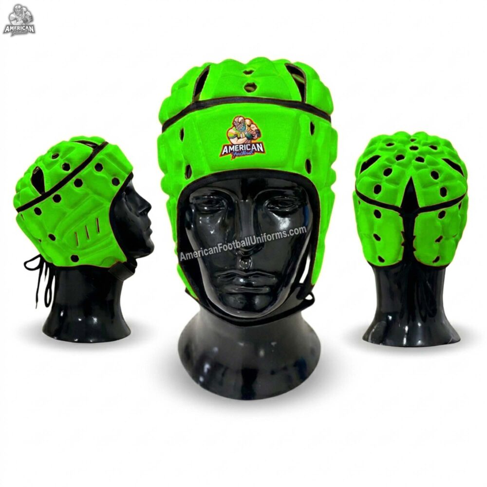 MimiSports USA custom green fluorescent flag football headgear for 7v7 and rugby, featuring high-visibility neon color and premium EVA foam impact protection.