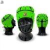 MimiSports USA custom green fluorescent flag football headgear for 7v7 and rugby, featuring high-visibility neon color and premium EVA foam impact protection.