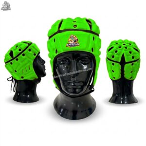MimiSports USA custom green fluorescent flag football headgear for 7v7 and rugby, featuring high-visibility neon color and premium EVA foam impact protection.