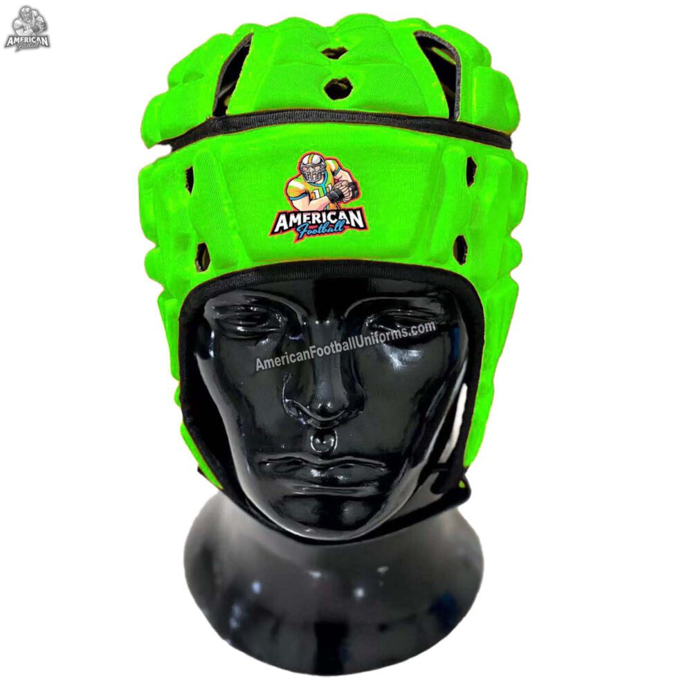 Front view of MimiSports USA fluorescent green flag football headgear showing ventilated air holes and an adjustable heavy-duty chin strap.