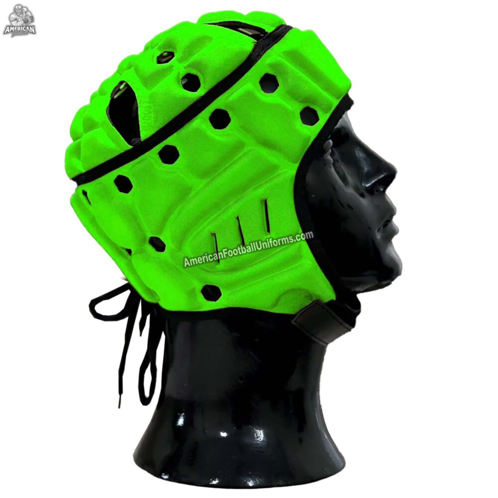 Left side view of neon green rugby headgear by MimiSports USA, highlighting the smooth surface area ready for custom team logo 3D puff printing.