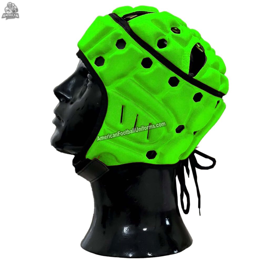 Right side view of MimiSports USA custom green fluorescent headgear, showcasing the ergonomic ear protection and high-density foam layout.