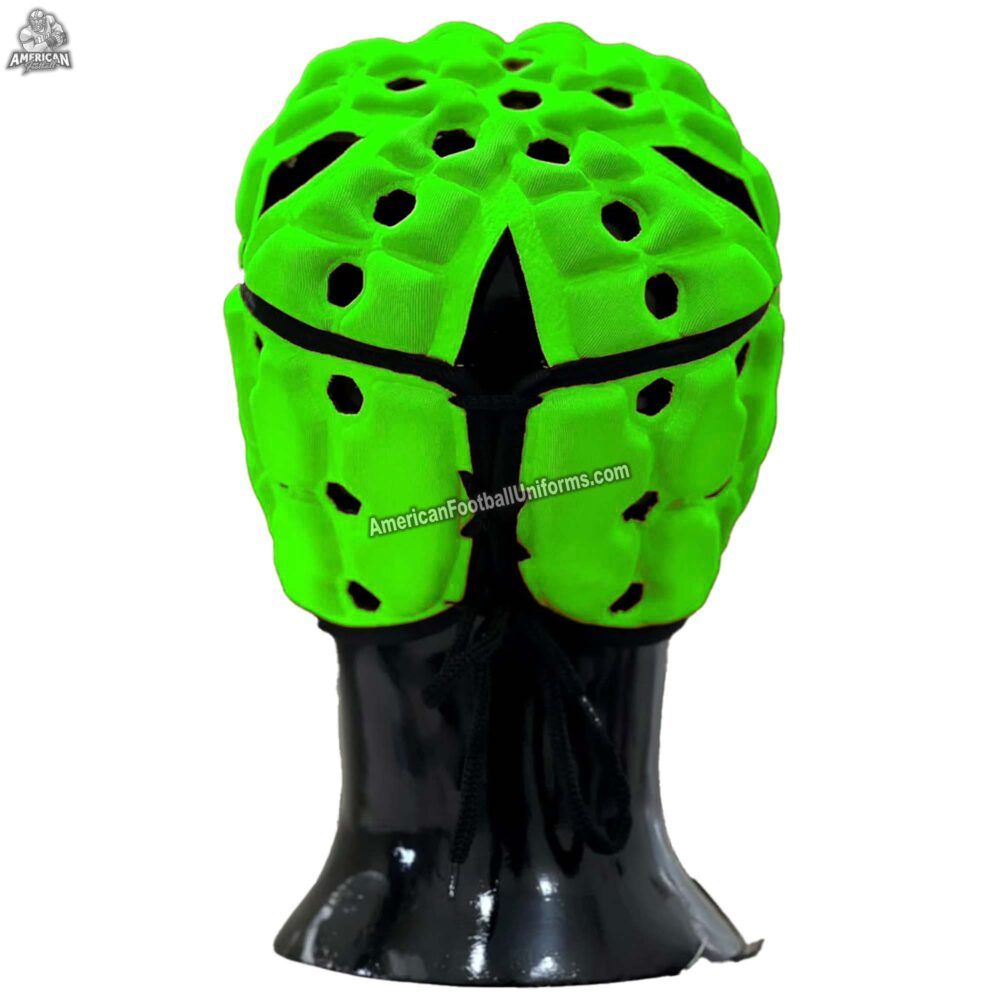 Back view of green fluorescent flag football headgear by MimiSports USA, featuring the adjustable rear lace-up closure for a secure, custom fit.