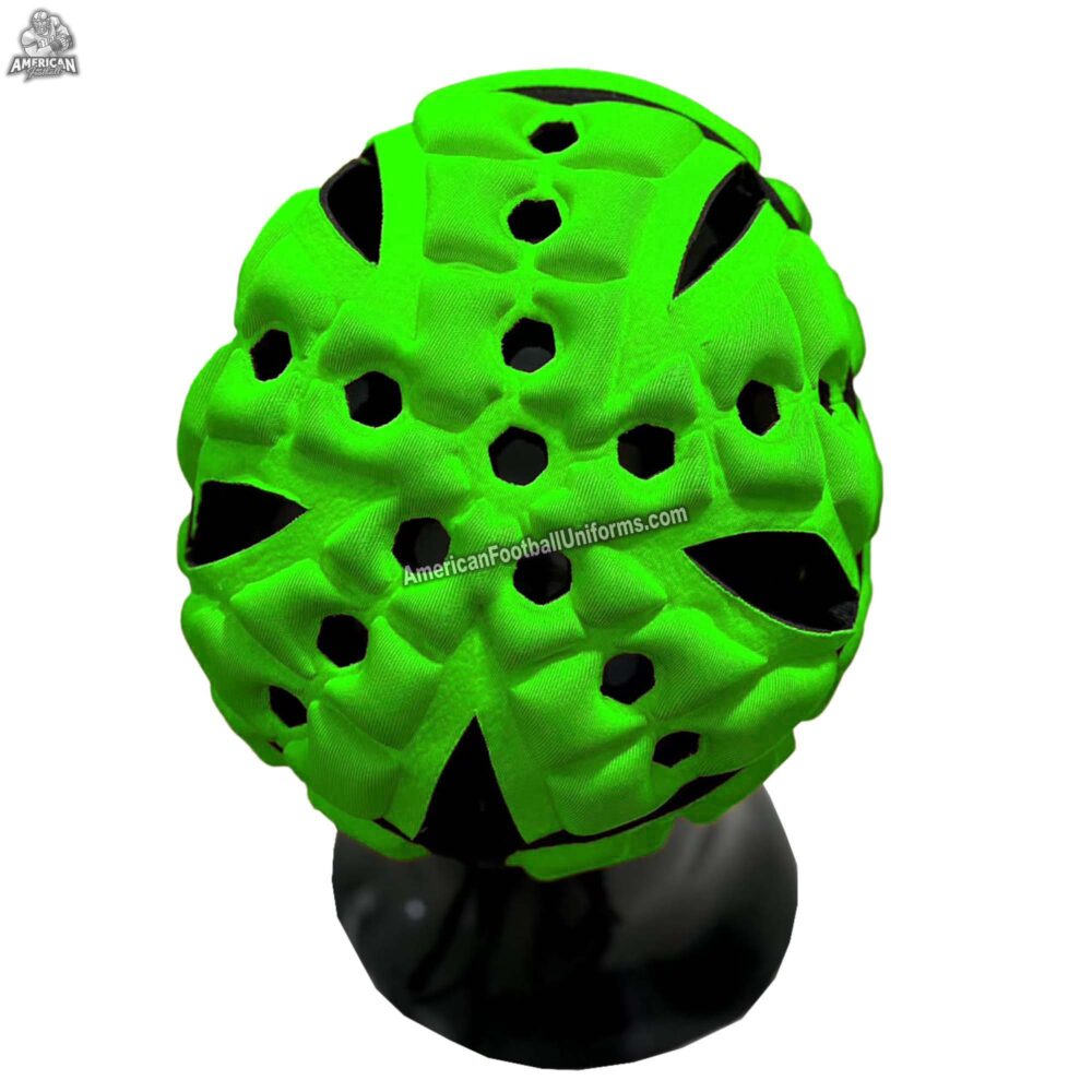 Close-up of the rear lacing and neon green reinforced stitching on MimiSports USA headgear, demonstrating professional manufacturing quality.