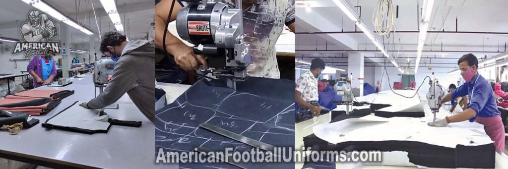 Industrial cutting floor at American Football Uniforms featuring laser-guided precision and multi-layer fabric preparation.