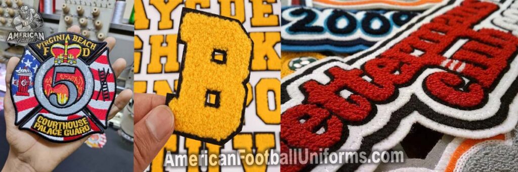 High-definition close-up of a custom chenille patch on an American Football Uniforms varsity jacket with precision stitching.