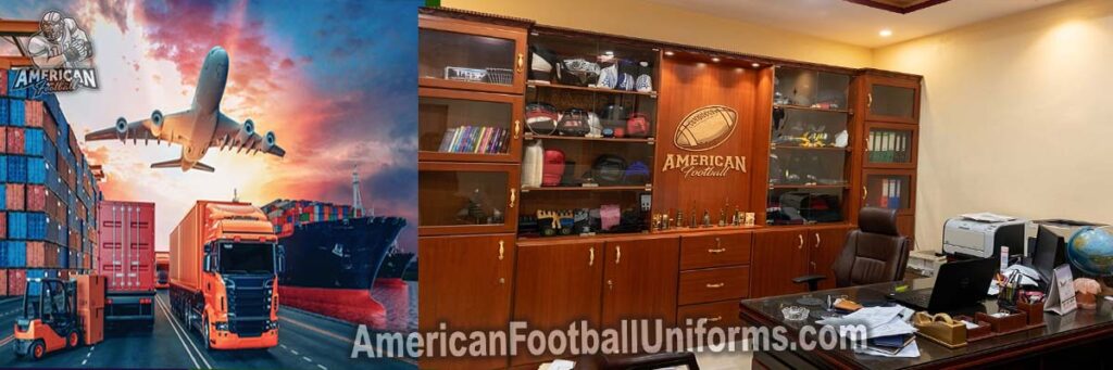 Export department at American Football Uniforms managing international logistics and customs documentation for global shipping.