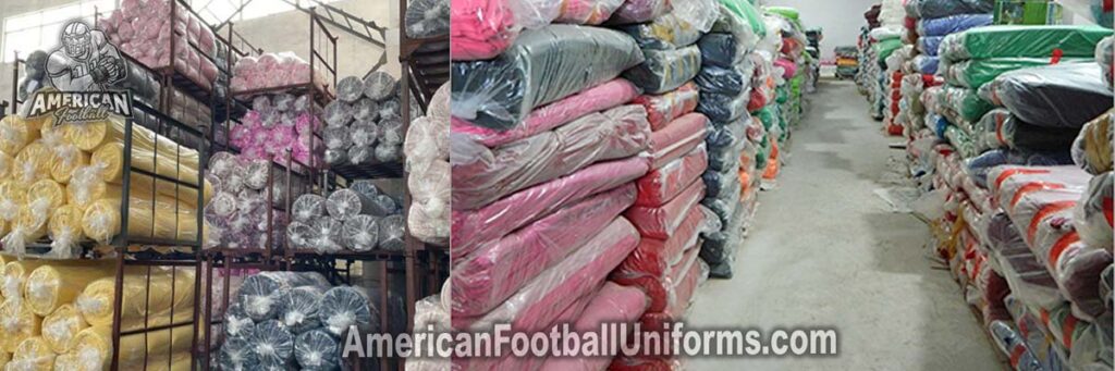 Inventory of American Football Uniforms performance fabrics including heavy-duty mesh, spandex, and moisture-wicking textiles.