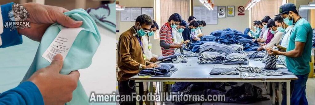 Quality control specialist at American Football Uniforms performing final inspection on custom jerseys for seam integrity.