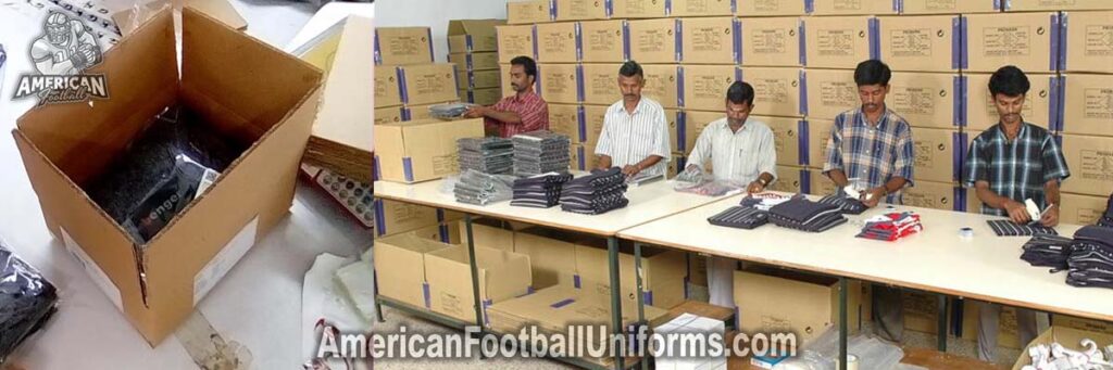 Final packing of American Football Uniforms custom orders featuring individual protective wrapping and organized team boxing.