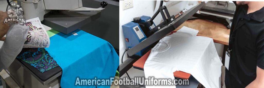 Close-up of industrial heat press machine applying custom team logos and numbers to American Football Uniforms jerseys.