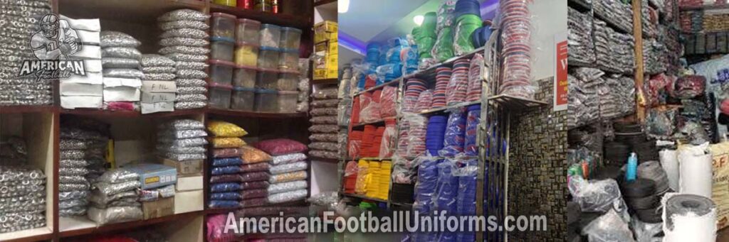 Inventory of American Football Uniforms raw materials including industrial threads, zippers, and reinforced elastic trims.