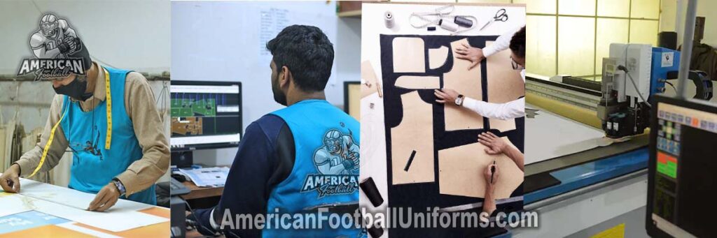 Pattern making department at American Football Uniforms featuring CAD software and manual grading for custom jersey templates.