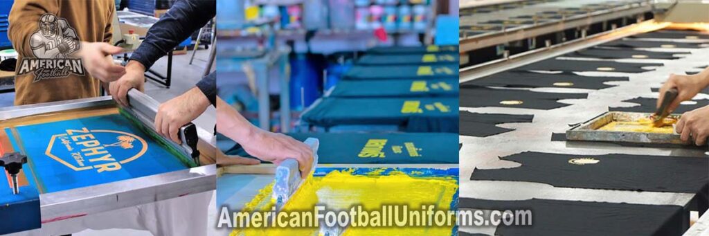 Industrial screen printing press at American Football Uniforms applying high-density, crack-resistant ink to team jerseys.