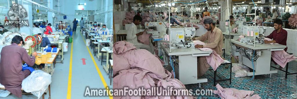 Industrial stitching line at American Football Uniforms featuring heavy-duty machines for reinforced jersey and pant seams.
