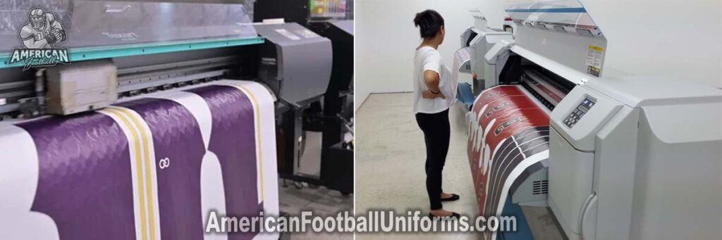 Close-up of the sublimation printing process at American Football Uniforms featuring high-definition ink transfer on jersey mesh.